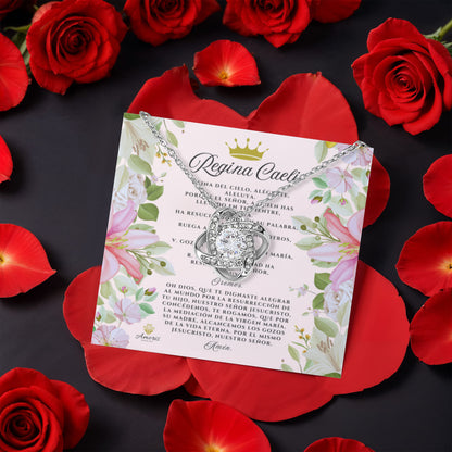 Regina Caeli Love Knot Necklace with Eternal Rose and SPANISH Prayer Card