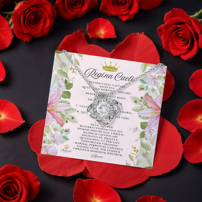 Regina Caeli Love Knot Necklace with Eternal Rose and LATIN Prayer Card