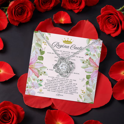 Regina Caeli Love Knot Necklace with Eternal Rose and ENGLISH Prayer Card