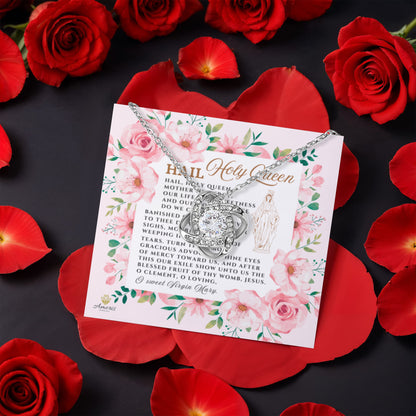 Collar con nudo de amor de la Virgen María con rosa eterna y tarjeta de oración en inglés