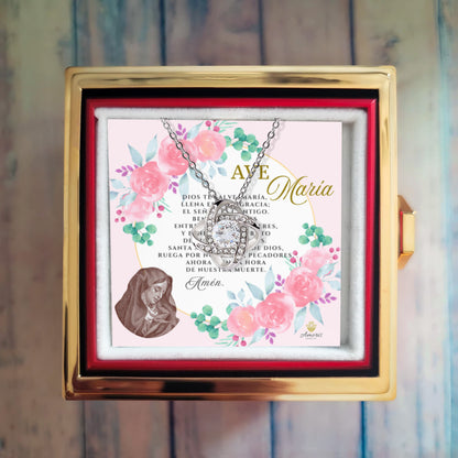 Ave María Love Knot Necklace with Eternal Rose and SPANISH Prayer Card