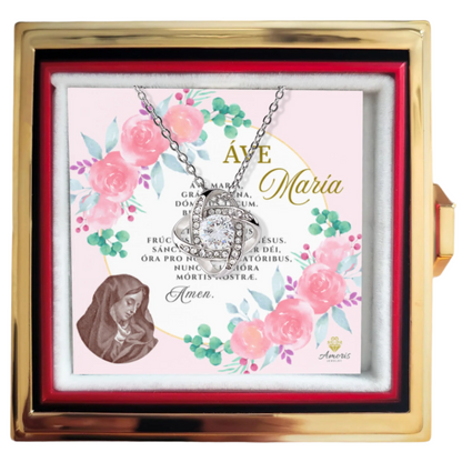 Áve María Love Knot Necklace with Eternal Rose and LATIN Prayer Card (with accents)