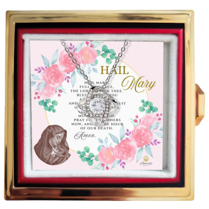 Collar de nudo de amor de Ave María con rosa eterna y tarjeta de oración en inglés