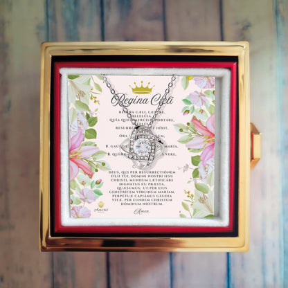 Regína Cæli Love Knot Necklace with Eternal Rose and LATIN Prayer Card (with accents)