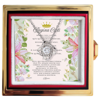 Regína Cæli Love Knot Necklace with Eternal Rose and LATIN Prayer Card (with accents)