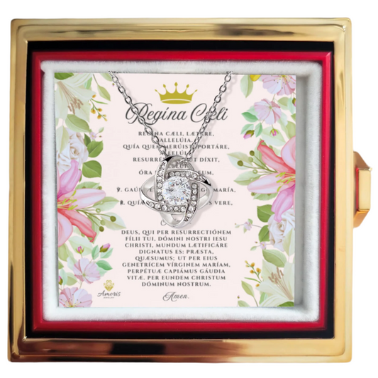 Collar de nudo de amor Regína Cæli con rosa eterna y tarjeta de oración en latín (con detalles)