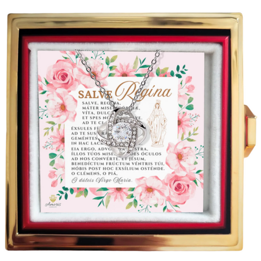 Collar de nudo de amor Salve Regína con rosa eterna y tarjeta de oración en latín (con detalles)