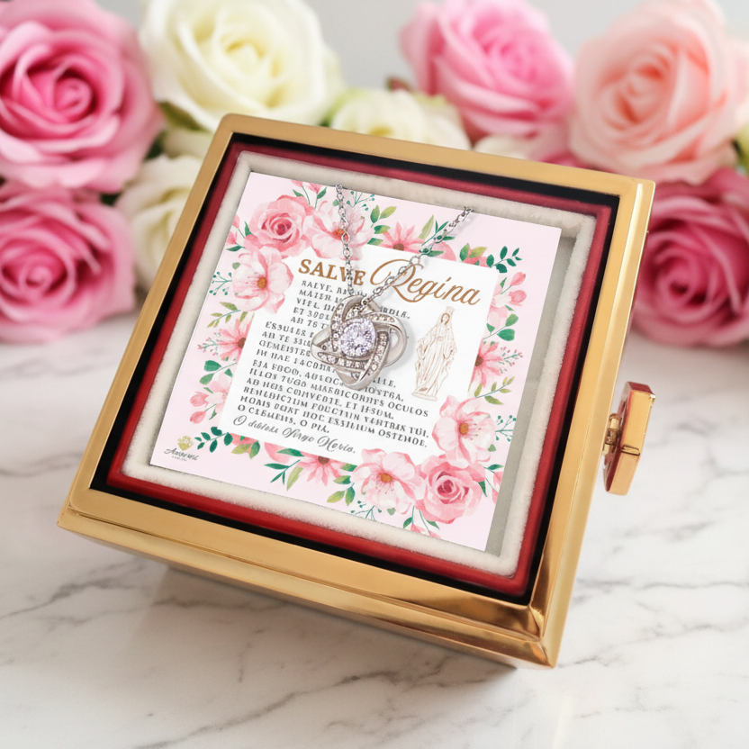 Collar de nudo de amor Salve Regína con rosa eterna y tarjeta de oración en latín (con detalles)