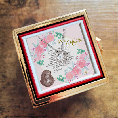 Ave María Love Knot Necklace with Eternal Rose and SPANISH Prayer Card
