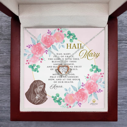 Collar con colgante de corona de Ave María en plata de ley con tarjeta de oración en inglés