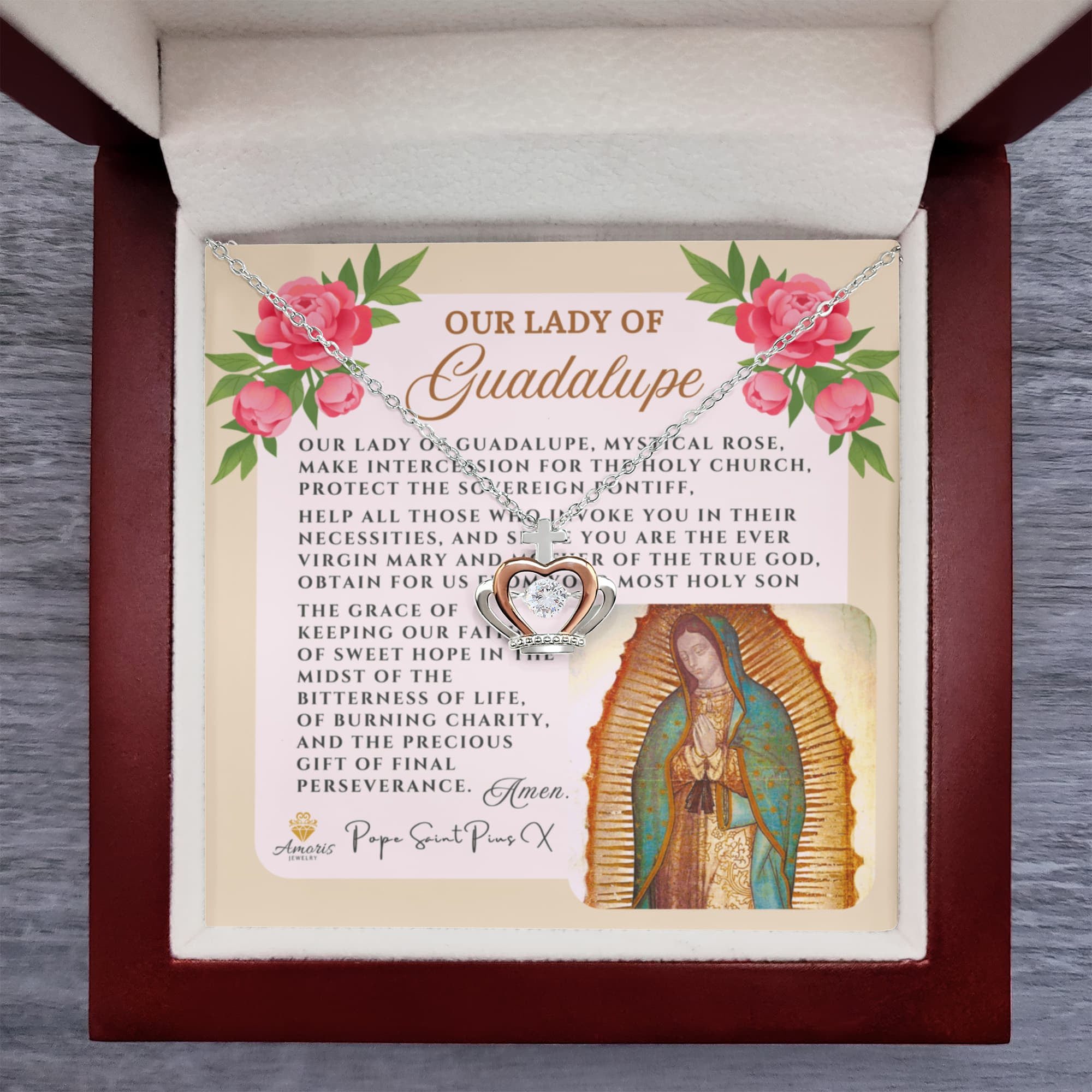 Our Lady of Guadalupe Crown Necklace with Pope Saint Pius X Prayer