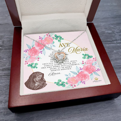 Áve María Crown Pendant Necklace in Sterling Silver with LATIN Prayer Card (with accents)