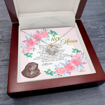 Collar con colgante de corona de Ave María en plata de ley con tarjeta de oración en español