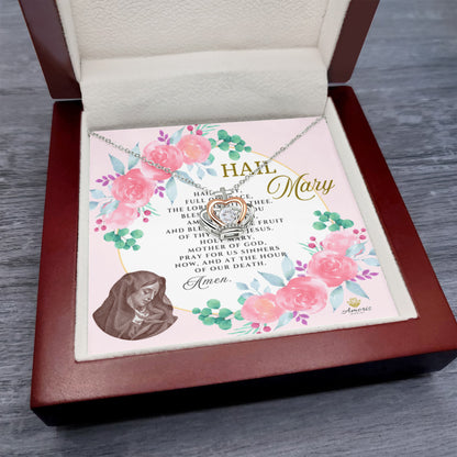 Collar con colgante de corona de Ave María en plata de ley con tarjeta de oración en inglés
