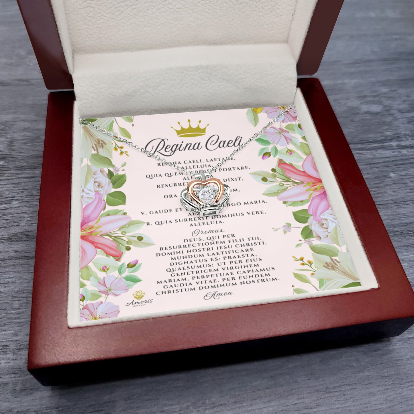 Regina Caeli Crown Pendant Necklace in Sterling Silver with LATIN Prayer Card