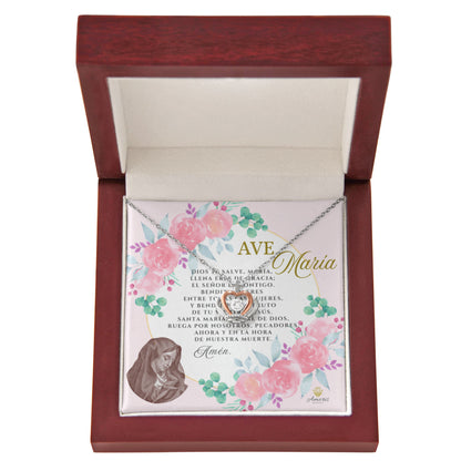 Collar con colgante de corona de Ave María en plata de ley con tarjeta de oración en español