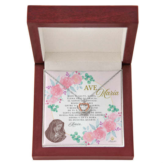 Ave María Crown Pendant Necklace in Sterling Silver with SPANISH Prayer Card