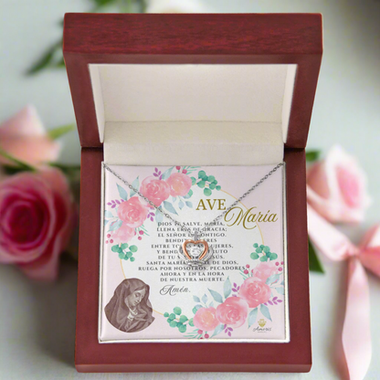Collar con colgante de corona de Ave María en plata de ley con tarjeta de oración en español