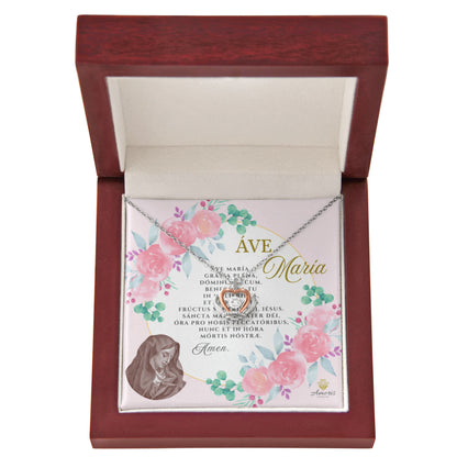 Áve María Crown Pendant Necklace in Sterling Silver with LATIN Prayer Card (with accents)
