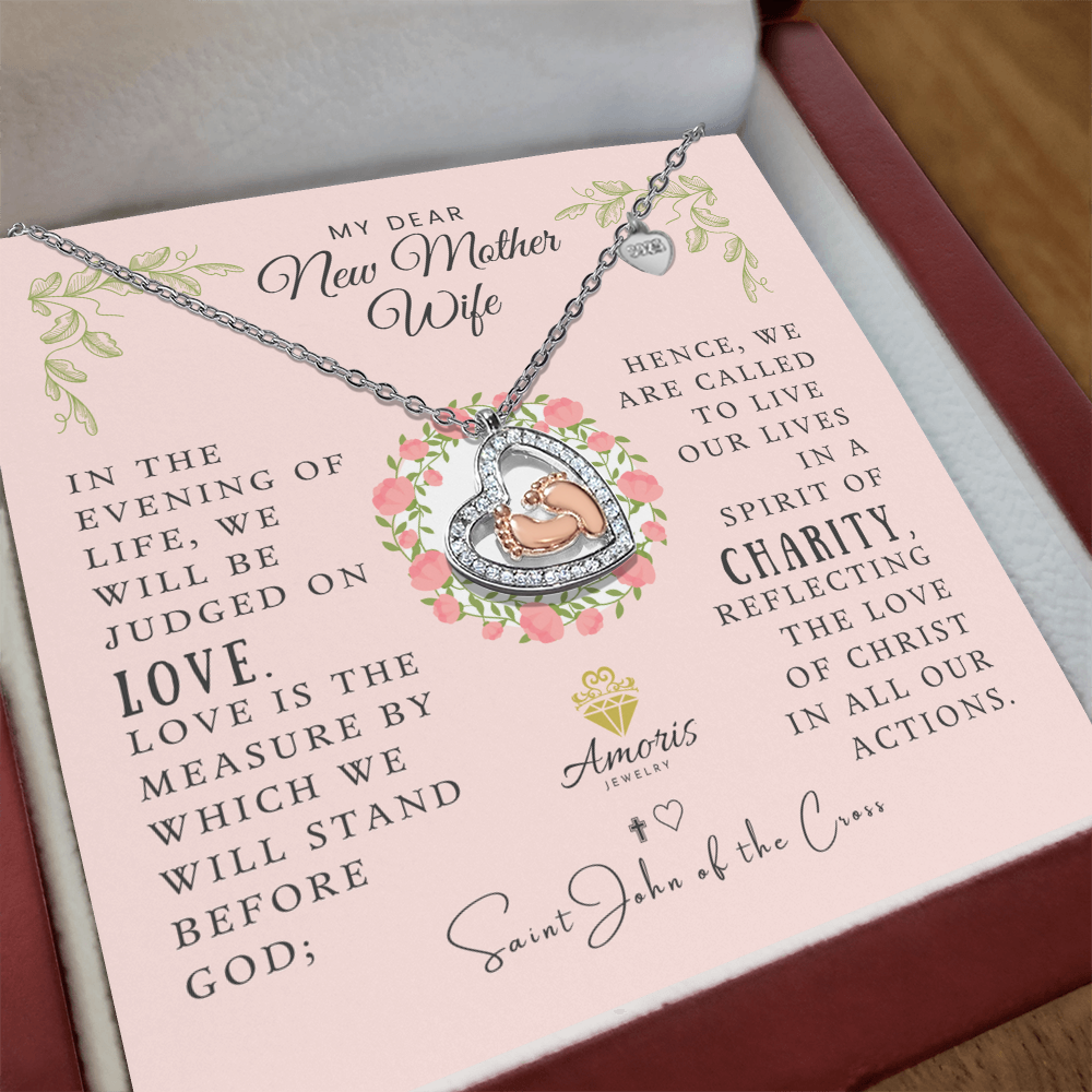 My Dear New Mother Wife Baby Feet Necklace with Saint John of the Cross Quote