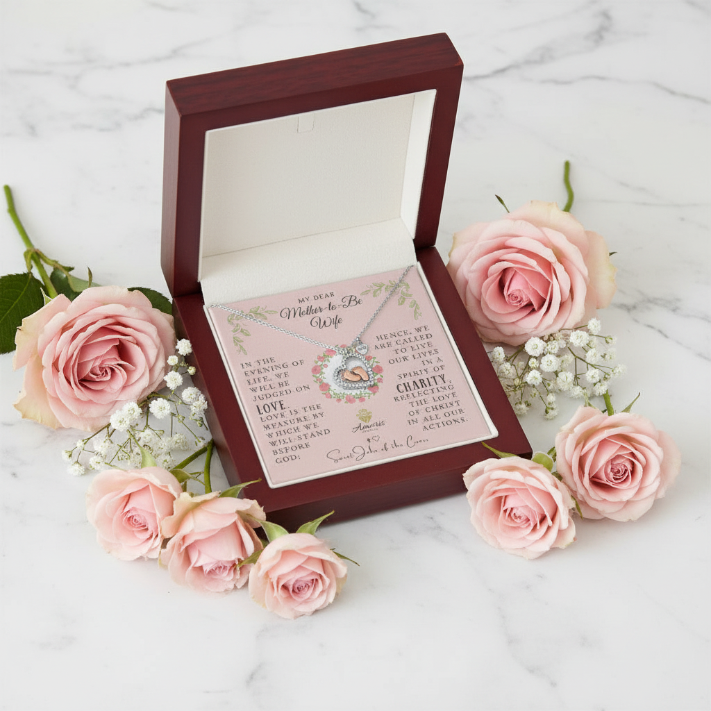 Mother-to-Be Wife Baby Feet Heart Necklace in Sterling Silver with Saint John of the Cross Quote