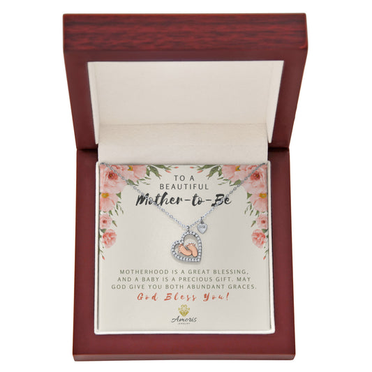To a Beautiful Mother-to-Be Baby Feet Heart Necklace with Message Card