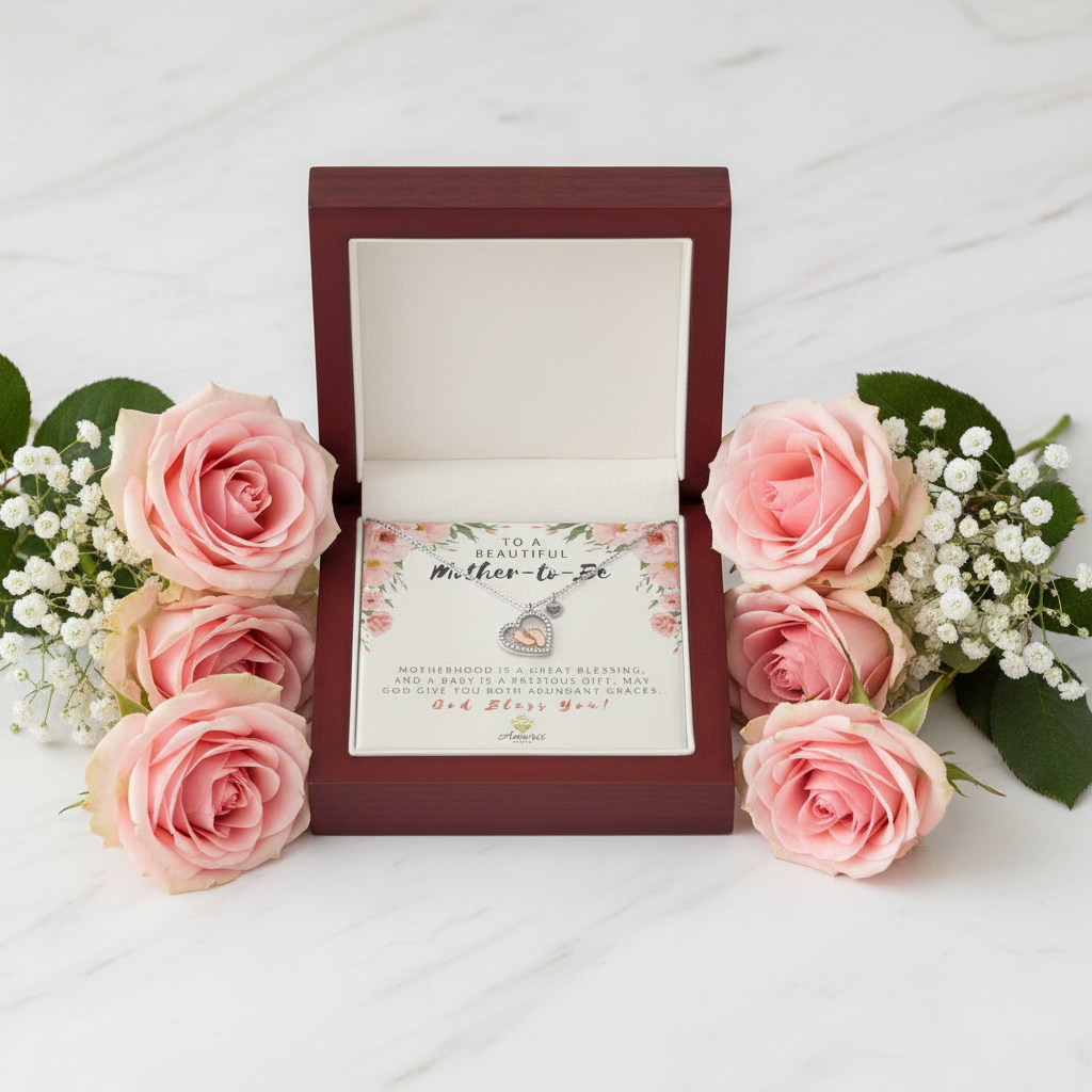 Collar con forma de corazón y tarjeta con mensaje para una hermosa futura mamá.
