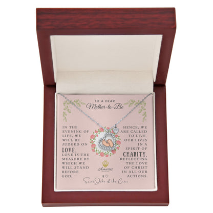 To a Dear Mother-to-Be Baby Feet Heart Necklace with Saint John of the Cross Quote