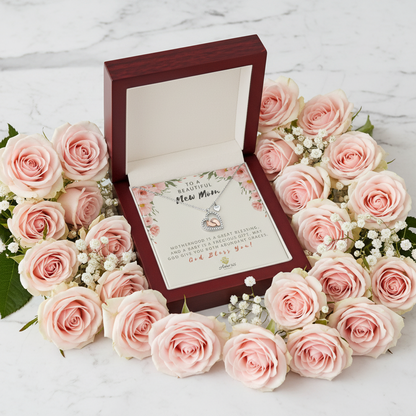 Collar con forma de corazón y tarjeta con mensaje para una hermosa mamá primeriza