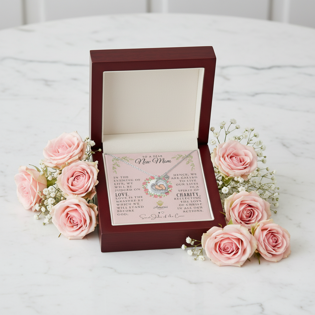 New Mom Baby Feet Heart Necklace in Sterling Silver with Saint John of the Cross Quote