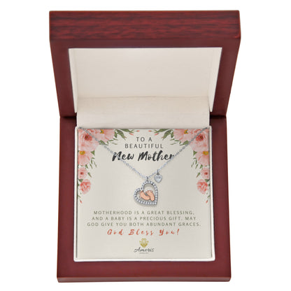 To a Beautiful New Mother Baby Feet Heart Necklace with Message Card
