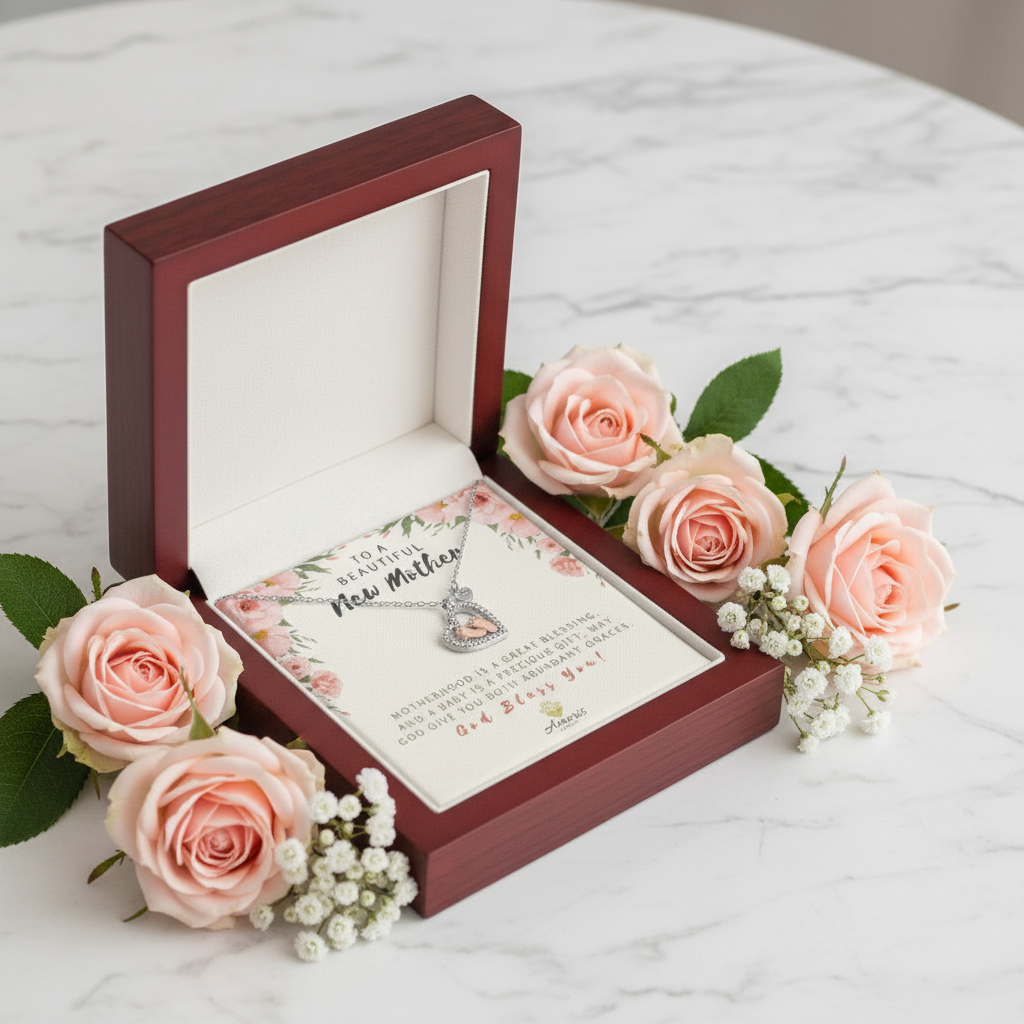 Collar con forma de corazón y tarjeta con mensaje para una hermosa madre primeriza