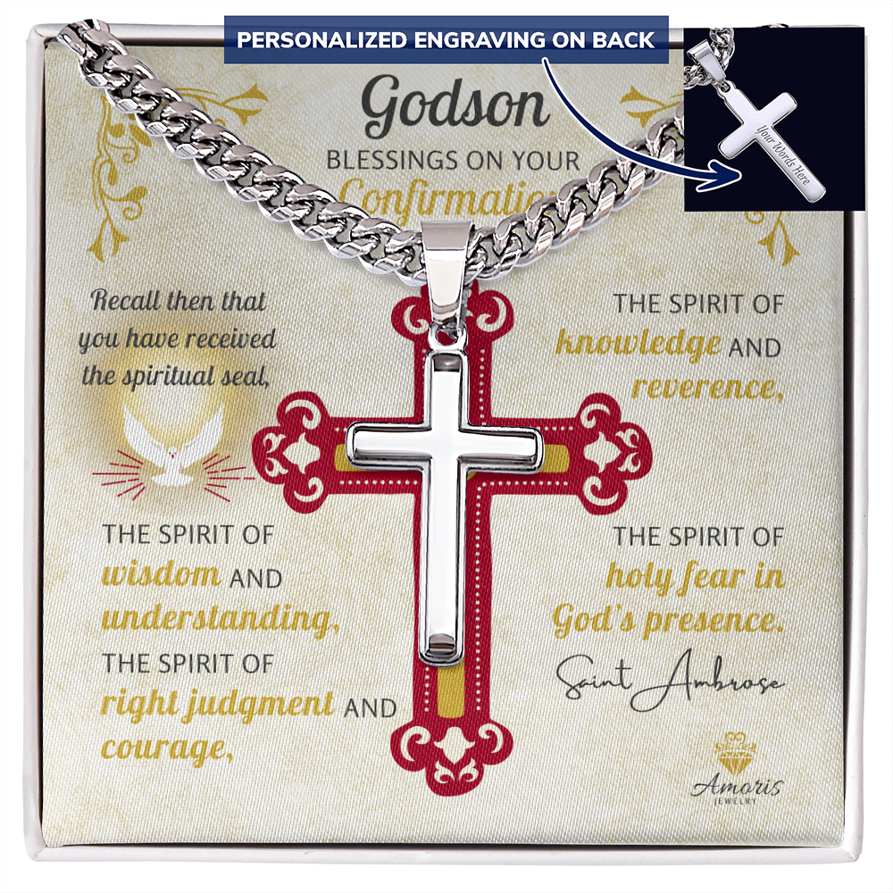 Godson Blessings On Your Confirmation Personalized Cross Necklace with Saint Ambrose Quote