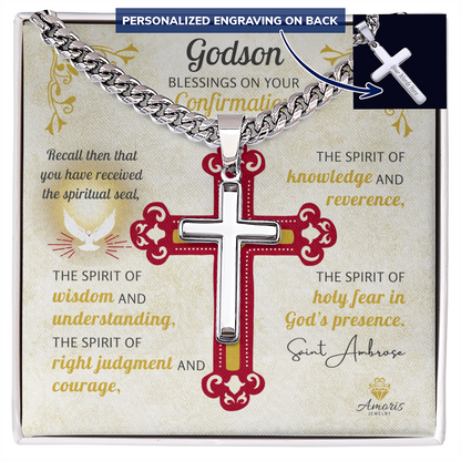 Godson Blessings On Your Confirmation Personalized Cross Necklace with Saint Ambrose Quote