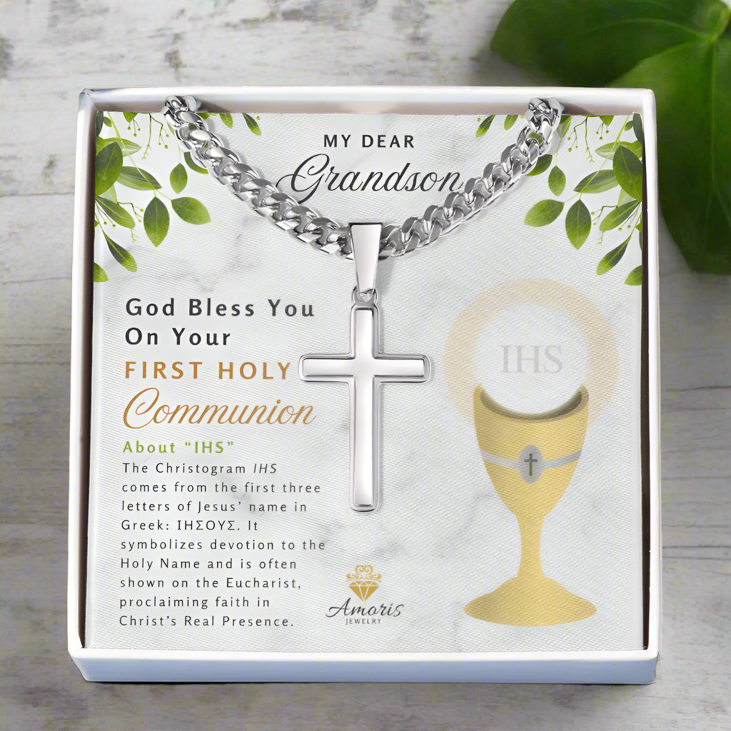 My Dear Grandson First Holy Communion Personalized Cross Necklace