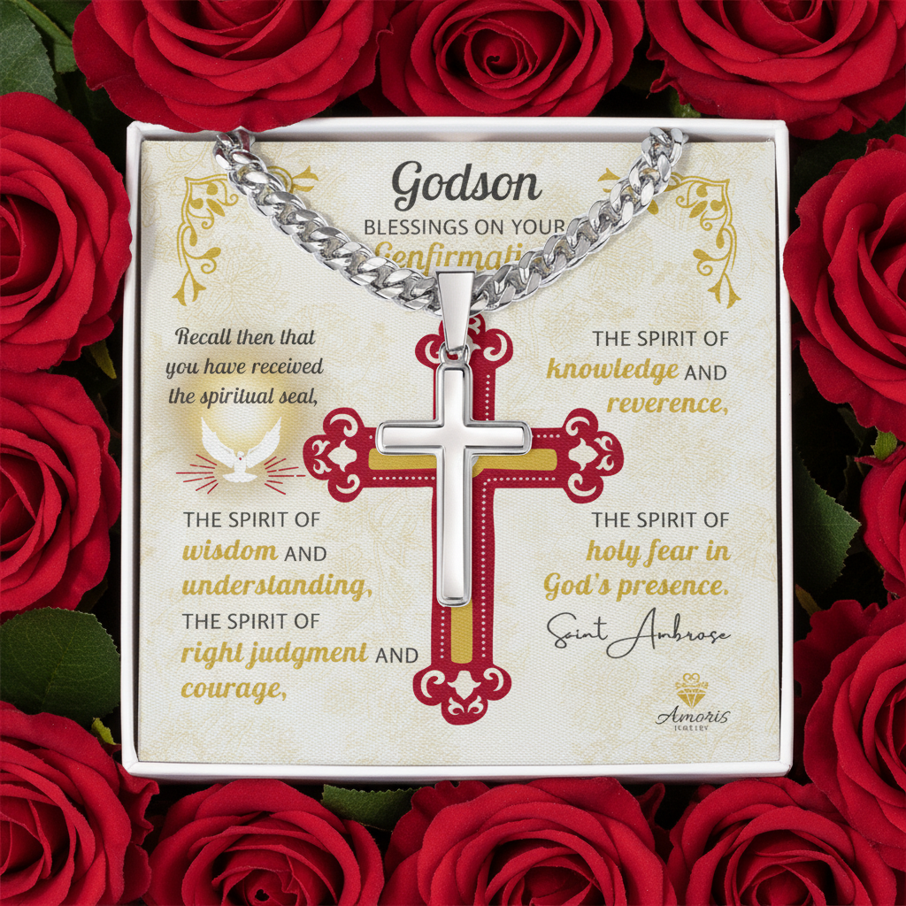 Godson Blessings On Your Confirmation Personalized Cross Necklace with Saint Ambrose Quote