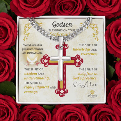 Godson Blessings On Your Confirmation Personalized Cross Necklace with Saint Ambrose Quote