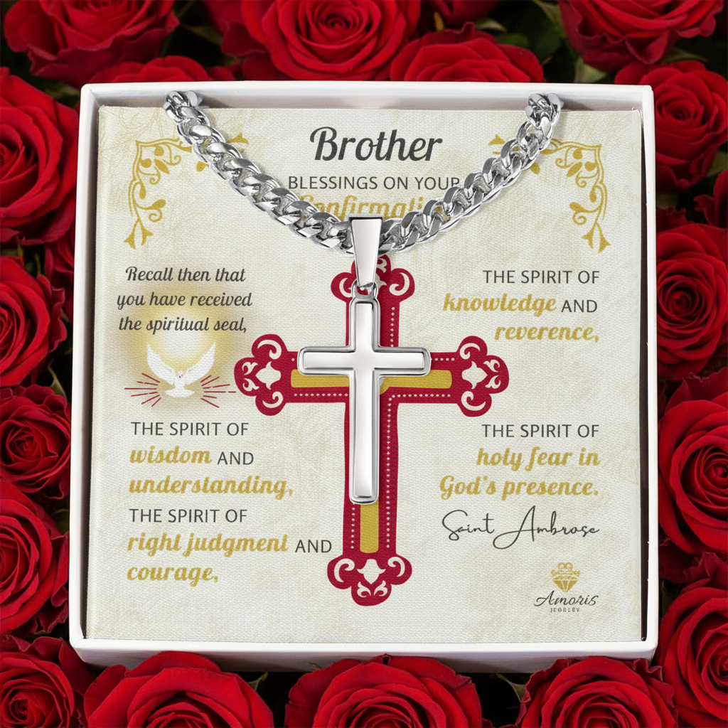 Brother Blessings On Your Confirmation Personalized Cross Necklace with Saint Ambrose Quote