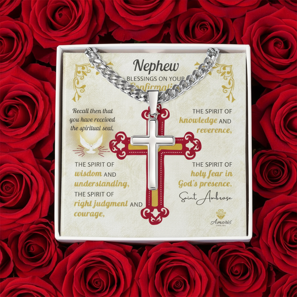 Nephew Blessings On Your Confirmation Personalized Cross Necklace with Saint Ambrose Quote