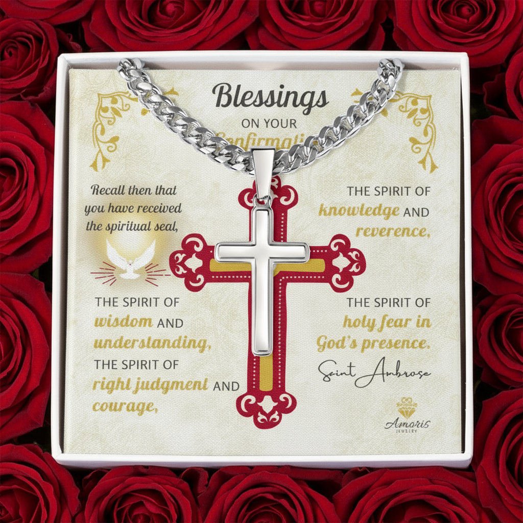Blessings On Your Confirmation Personalized Cross Necklace with Saint Ambrose Quote