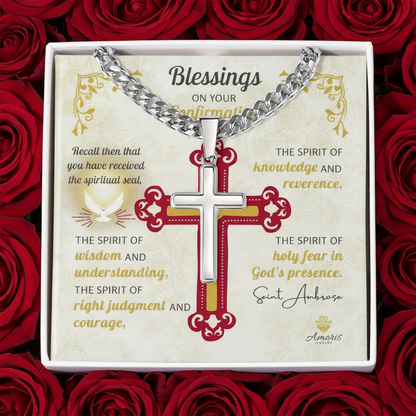 Blessings On Your Confirmation Personalized Cross Necklace with Saint Ambrose Quote