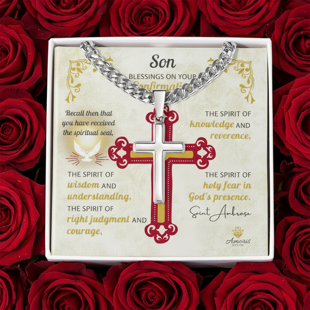 Son Blessings On Your Confirmation Personalized Cross Necklace with Saint Ambrose Quote