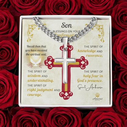 Son Blessings On Your Confirmation Personalized Cross Necklace with Saint Ambrose Quote