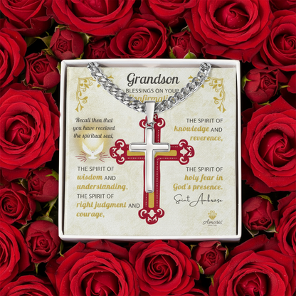 Grandson Blessings On Your Confirmation Personalized Cross Necklace with Saint Ambrose Quote