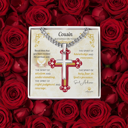 Cousin Blessings On Your Confirmation Personalized Cross Necklace with Saint Ambrose Quote