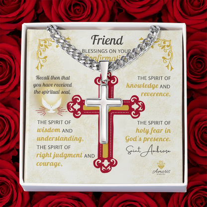 Friend Blessings On Your Confirmation Personalized Cross Necklace with Saint Ambrose Quote