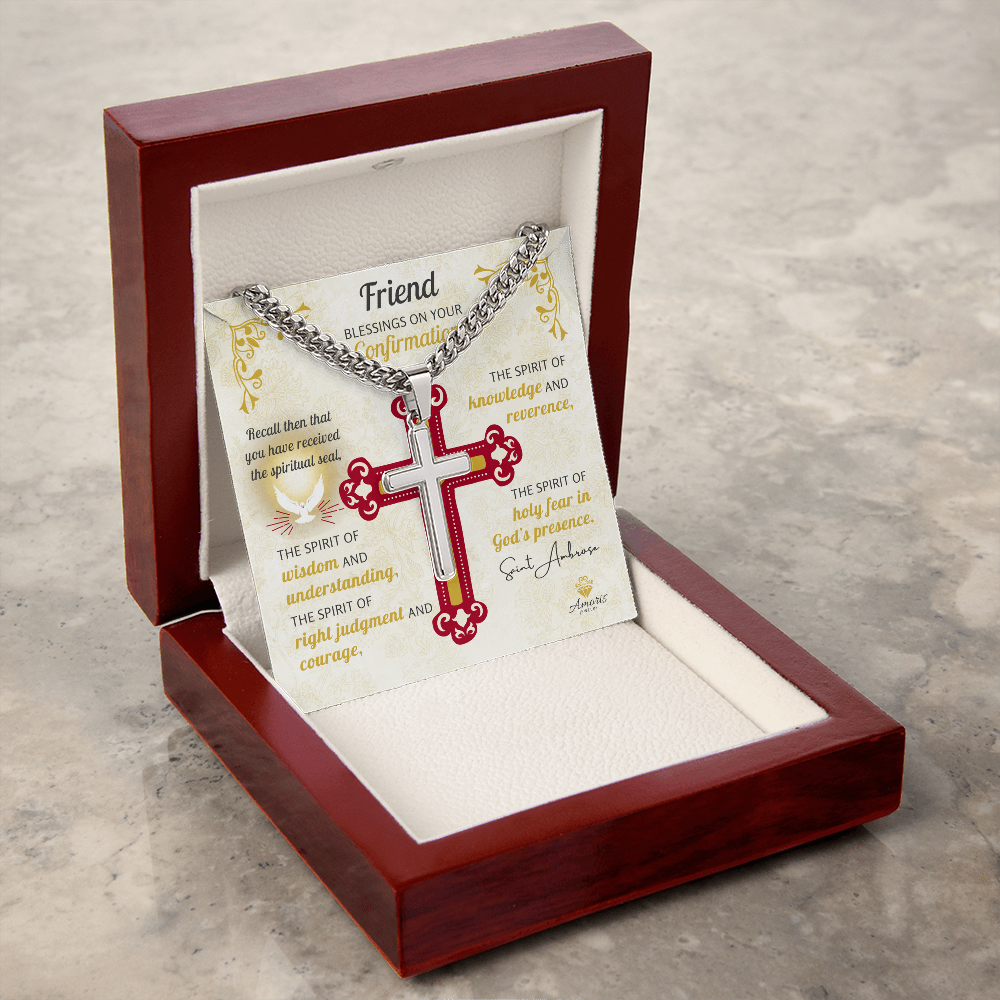 Friend Blessings On Your Confirmation Personalized Cross Necklace with Saint Ambrose Quote