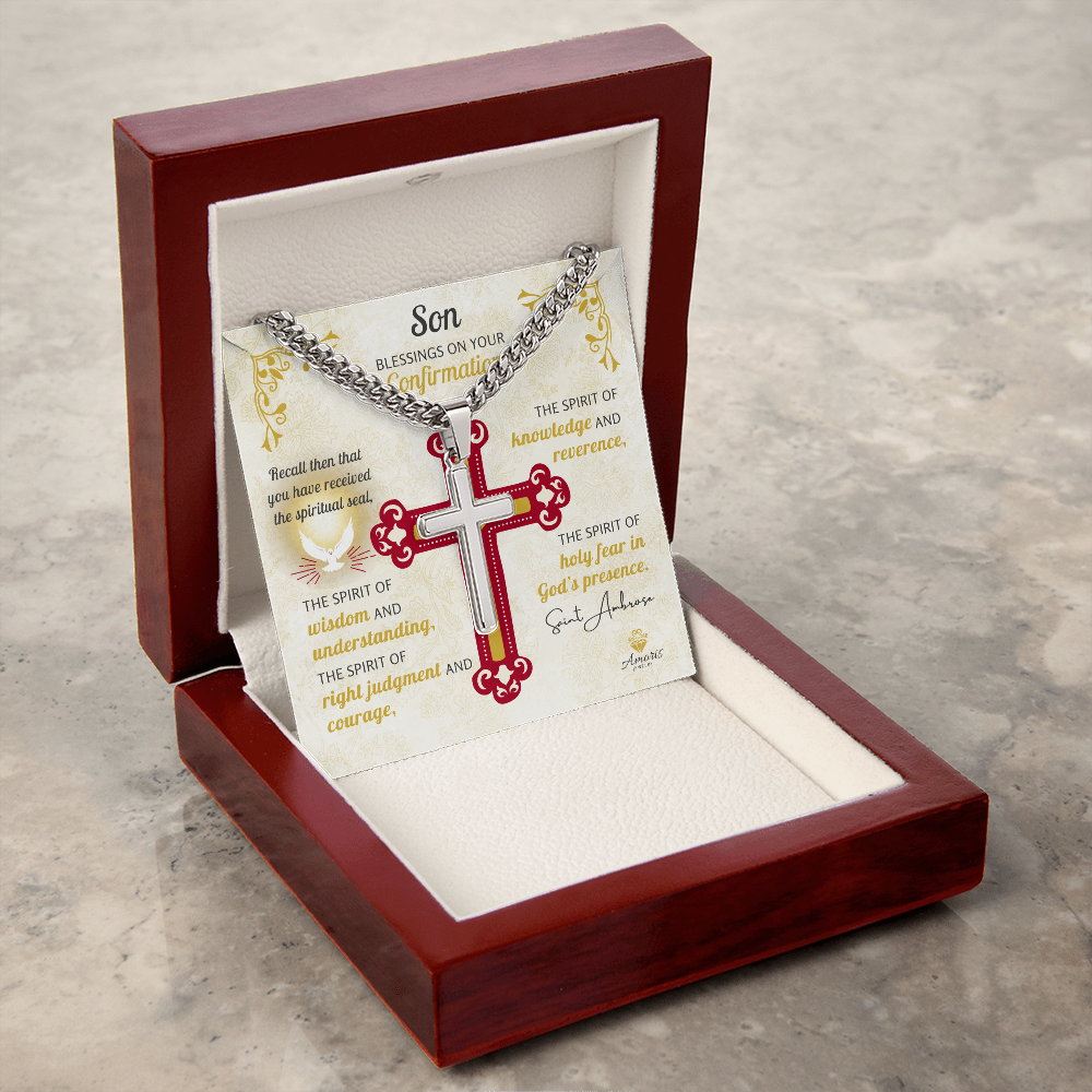 Son Blessings On Your Confirmation Personalized Cross Necklace with Saint Ambrose Quote