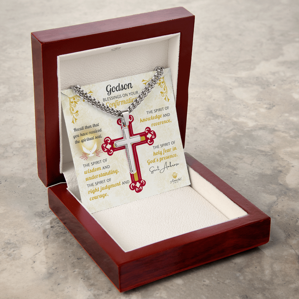 Godson Blessings On Your Confirmation Personalized Cross Necklace with Saint Ambrose Quote