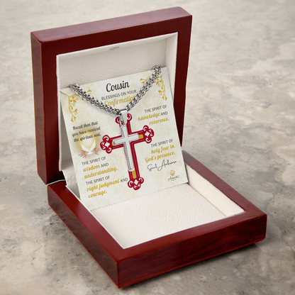 Cousin Blessings On Your Confirmation Personalized Cross Necklace with Saint Ambrose Quote